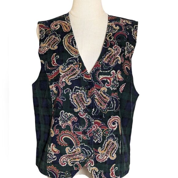Talbot's Vintage Green and Blue Paisley and Plaid Corduroy Tailored Vest - Picture 1 of 8